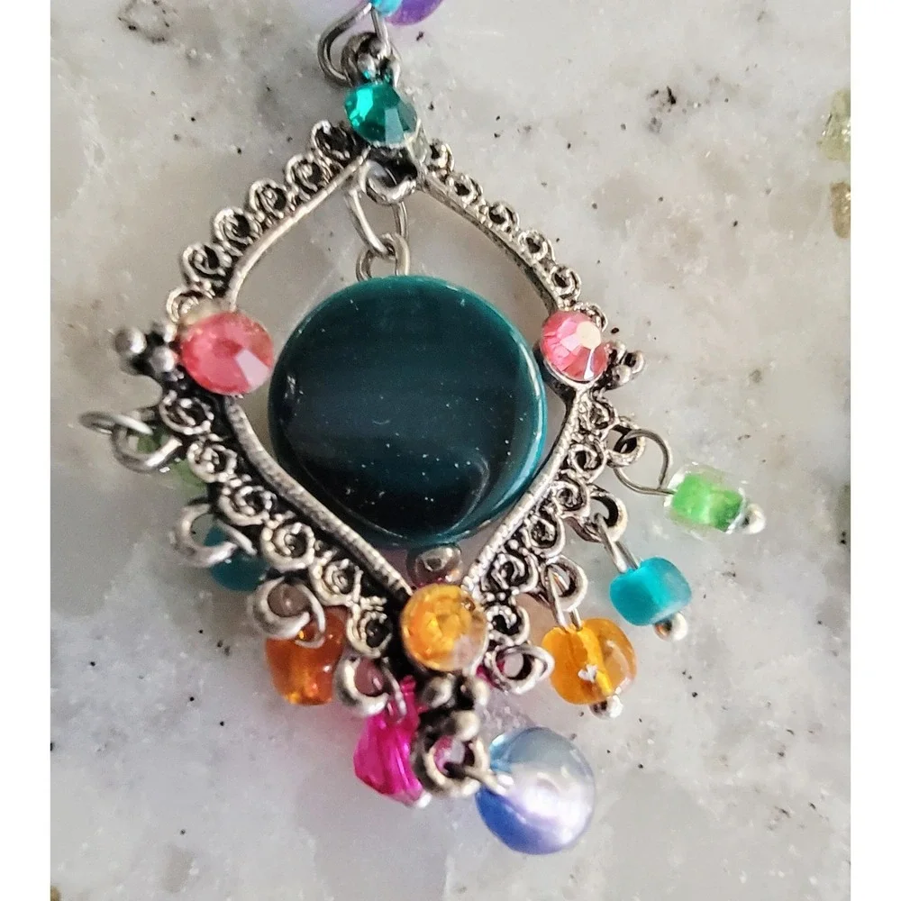 Boho Chic Dangle Earrings‎ Silver Tone Colorful Bead Statement Jewelry